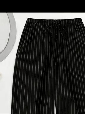 Black Pinstripe High Waiated Wide-Leg Drawstring Pants